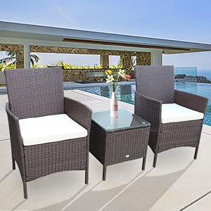 PAOLFOX Patio Conversation Furniture Sets 3pcs PE Rattan Wicker Chairs w/Table Outdoor Garden Sofa Washable Cushion & Tempered Glass Table top for Garden Poolside Balcony (Brown Sets + Beige Cushion)