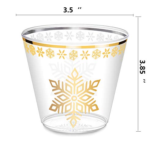 Gold Plastic Cups - 9 Oz - 25 Small Clear Plastic Cups with 4 LED Ice Cubes - Gold Rimmed Cups Fancy Disposable Wedding Cups - Christmas Holiday Party Cups with Gold Rim (25, Plastic)