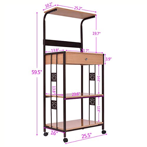 WATERJOY Bakers Rack Microwave Cart, Supreme 3-Tier Rolling Kitchen Microwave Oven Stand Storage Cart | Power Strip | Brown Metal Frame