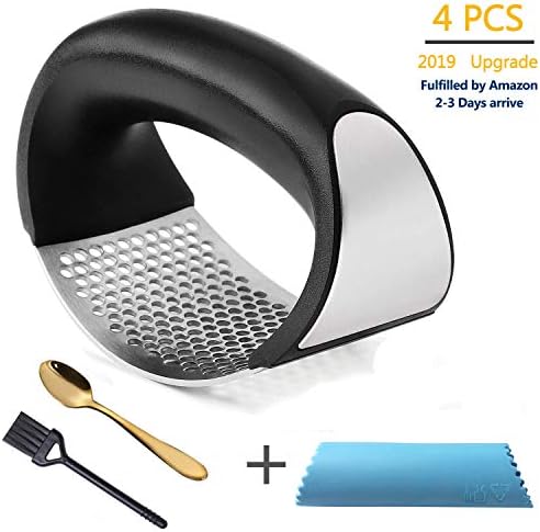 Garlic Press, Jusoney Stainless Steel Garlic Crusher with FDA Approved Silicone Garlic Peeler+ Cleaning Brush for Garlic+ Gold Spoon Prefect Match New Generation Kitchen Helper Ideal Gift for mam