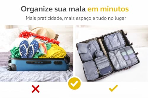 Kit Organizador de Mala 7 Peças com Zíper Duplo e Malha Respirável – Organizadores de Viagem para Roupas, Calçados e Acessórios – Conjunto Compacto e Impermeável