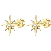 20g Star CZ Screw Flat Back Small Stud Earrings for Women Men Stainless Steel Silver Plated Stars Cartilage Tragus Piercing Little Studs Hypoallergenic Fashion Trendy Jewelry Birthday Gift