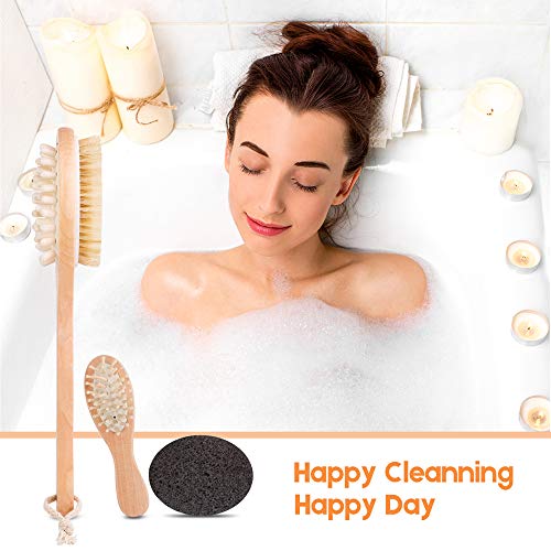 Dry Skin Body Brush Set Exfoliating Back Brush for Shower with 100% Natural Boar Bristle Brush & Hair Brush & Foot Pumice Stone, Wooden Round Bath Brush for Lymphatic Scrub, Detox , Cellulite Massage Brush Gift Set - Thumbnail 6