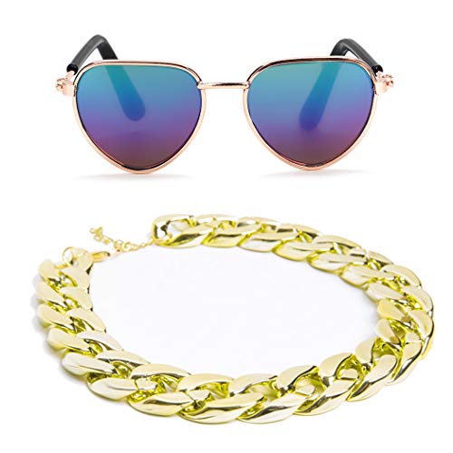 Legendog Cool Cat Dog Costume Fashion Metal Pet Dog Collar Cat Sunglasses Pineapple Print Dog Shirt for Cats and Small Dogs Adjustable Gold Dog Puppy Chain Collar Set (Multicolor1)