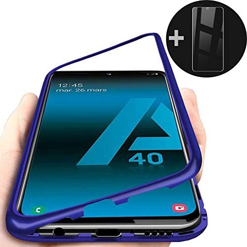 Mkej Magnetic Adsorption Metal Case for Samsung Galaxy A40, [Gift Screen Protector] Built-in Magnets Metal Bumper Frame + 9H Clear Tempered Glass Back Cover for Samsung Galaxy A40 [Blue]