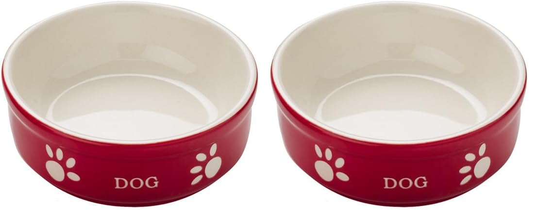 Nobby Dog Ceramic Bowl Dog, 13.5 x 13.5 x 5 cm, Red/Beige (Pack of 2)