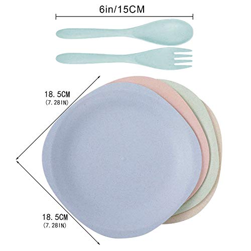 Saike 7.3\'\' 4Pack Wheat Straw Plates Set, Unbreakable Dishwasher and Microwave Safe Plates, Wheat Plates with Forks and Spoons