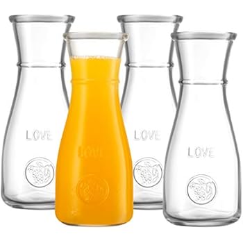 500 ml Glass Carafe - 4 Pack - The LOVE Drink Pitcher and Elegant Wine Decanter, Narrow Neck For Easy Grip, Wide Mouth for Classic Pouring - Great for Parties and Events - by Kitchen Lux