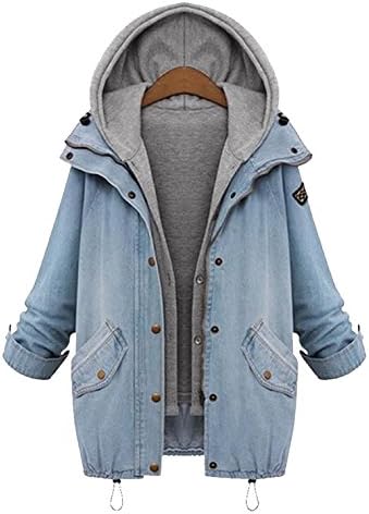 Ovetour Womens Zip Up Blue Denim Coat Jacket With Hoodie Vest