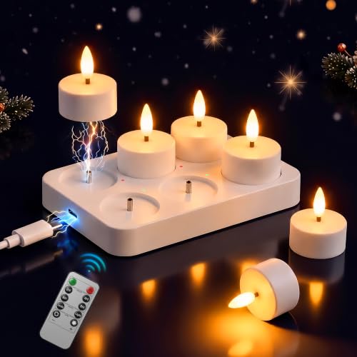 Dehobo Rechargeable LED Tea Light Candles Birthday Decoration 6 Pieces – Decorative Flame-Effect Candles with Charging Base More than 50 ~ 110 Hours – Flameless Candles for Party Home Living Room