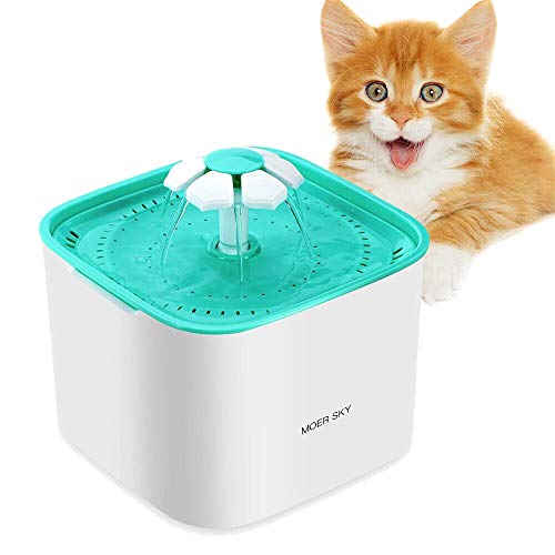 Pet Cat Water Fountain, Moer Sky 2L Automatic Dog Water Dispenser Electric Water Drinking Fountain with 3 Flow Settings & Replacement Filters & 1 Silicone Mat for Cats Dogs Multiple Pets