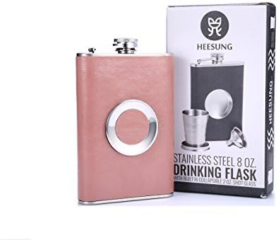 Heesung Shot Flask - Stainless Steel Hip Whiskey Flask Gift Set with a Built-in Collapsible 2 Oz Shot Glass ,Bonus Stainless Steel Flask Funnel - 8 oz Hip Flask With Premium pale pinkish grey Leather