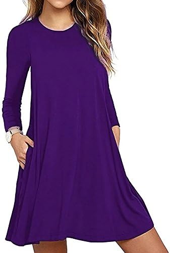 Rokment Women's Long Sleeve Pocket Loose T-Shirt Evening Party Dress (Purple, M)