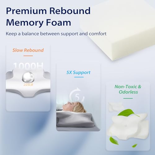 HOMCA Cervical Pillow for Neck Pain Relief, Ergonomic Neck Support Pillows for Sleeping, Memory Foam Bed Neck Pillow for Back Stomach Side Sleepers with Breathable Pillowcase