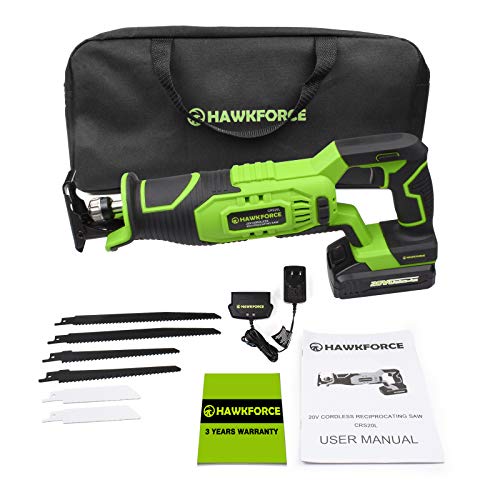 HAWKFORCE Reciprocating Saw, 20V Li-ion Power Reciprocating Saw - Variable Speed, LED Light - Cordless Garden Saw with Carrying Bag and 6 PCS Quick Change Blades for Wood and Metal Cutting
