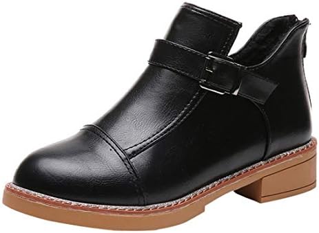 HLHN Women Ankle Boots Zip Buckle Leather Block Flat Heel Martin Shoes Vintage Casual Classic Winter