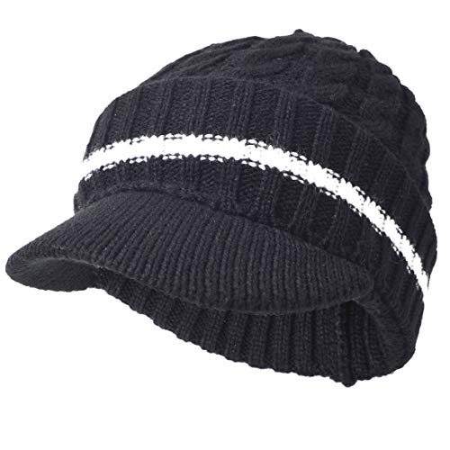 Ruphedy Mens Winter Knit Visor Beanie Hat Cable Thick Fleece Lined Newsboy Cap B5042 (B321-Black)