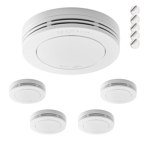 Safeliveo Smoke Detector, Fire Alarm with 10 Year Battery, 85 dB Alarm, No Flashing LED, with Mute Switch, Includes Adhesive Pads, EN 14604 Certified, Set of 5
