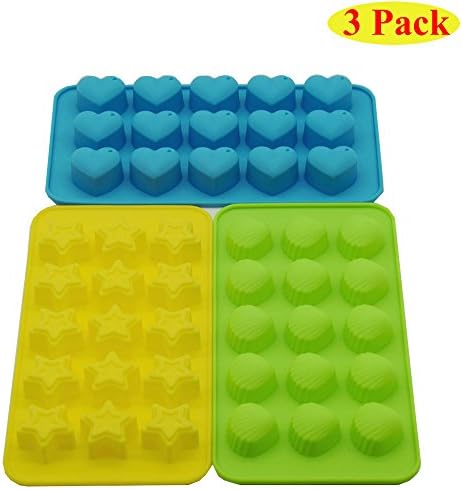 Swity Home 3 [Pack] Three Colors Silicone Candy Chocolate Cookies Cake Molds, Ice Cube Trays, Hearts, Stars &amp; Shells, (Green, Blue, Yellow)