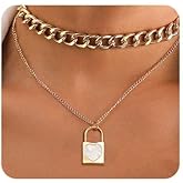 Cliory Layered Lock Choker Necklace Cuban Link Chain Lock Pendant Necklace Jewelry Necklace for Women