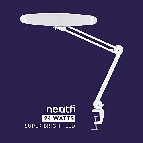 Neatfi XL 2,200 Lumens LED Task Lamp with Clamp, 24W Super Bright Desk Lamp, 117 Pcs SMD LED, 20 Inches Wide Lamp, 4 Level Brightness, Dimmable, Eye-Caring LED Lamp, Table Clamp LED Light (White)