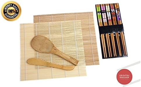 Quality Japanese Sushi Making Kit - Includes 5 Stylish Chopsticks, 2 Rolling Mats, 1 Rice Spoon, 1 Rice Spreader. 100% Bamboo, Mold Resistant. Perfect for Beginners &amp; Experts.