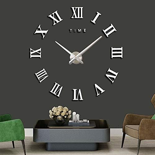 Xinlands DIY Wall Clock Silent 3D Acrylic Sticker Roman Numbers Adhesive Modern Art Wall Clock Parts Kit Home Decorations for Office Living Room Bedroom (Silver)