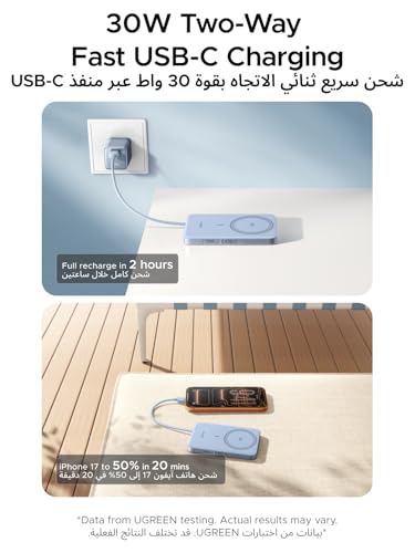 UGREEN 10000mAh Power Bank, Qi2 15W Certified Magnetic Wireless Charger, 30W USB-C Portable Battery Pack with Built-in Cable, MagSafe-Compatible Fast Charging for iPhone 17/16/15/14/13/12 Series,Blue