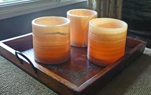 Obelisque Designs Premium Hand Made Egyptian Alabaster Votive Candle Set of 3 CYLINDERS | Handmade | Finely Polished | 4x4x4” Globes | spa Events | Candlelight