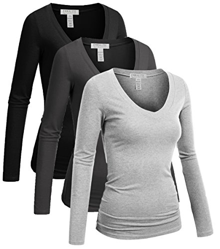 Emmalise Long Sleeve V Neck T Shirt Women-Junior sizes,3pk-black,charcoal,hgray,Large