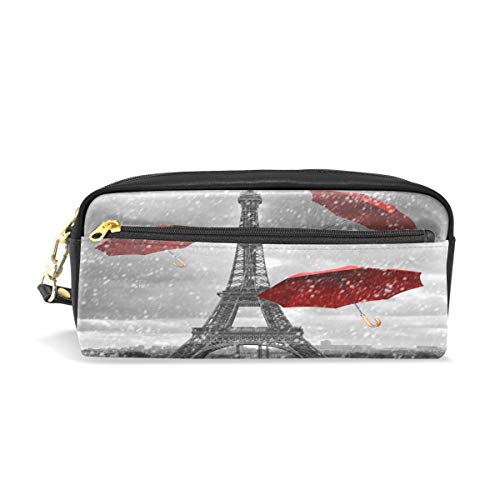 XLING Pencil Case Vintage Paris Eiffel Tower Umbrella Leather Pen Pencil Case Box Pouch Zipper Makeup Cosmetic Bag Travel