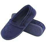 Women’s Velvet Memory Foam Closed Back Slippers Lightweight Anti-Slid Embroidery Ballerina house/office Shoes (M /7-8 B(M) US, Navy Blue)