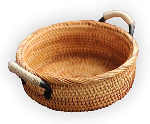 WAYMX Round/Oval Handmade Rattan Storage Basket Fruit Vegetable Food Wicker Baskets Picnic Tray Holder Organizer Home Decor A