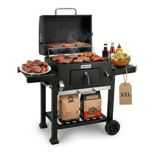 - Holzkohlegrill XXL - Fireplus Tragbarer Barbacue - Grill mit Rädern und Seitenablagen - Belüftungssystem und Aschebehälter - Stahlgrill 57 x 42 cm - Maße: 116 x 131 x 56 cm