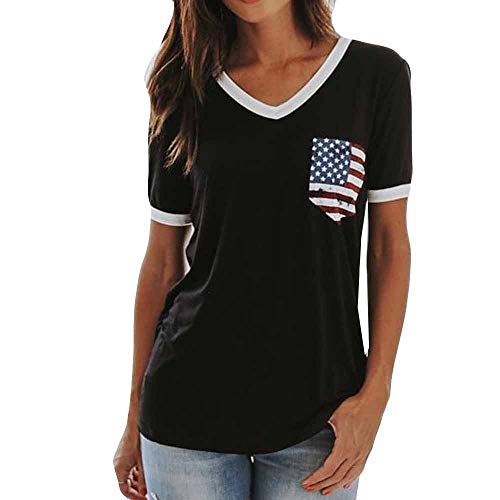 Fainosmny Womens Tops Loose Shirts American Flag T Shirt Short Sleeve Blouse Patriotic Stripes Star Print Tunic Tops Black