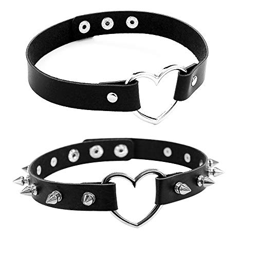 Daimay-2PCS-Collana-Girocollo-Cuore-Gotico-Lolita-Rivetto-Punk-Rock-in-Pelle-PU-Collare-Cosplay-Nero-Anni-90-Misura-Regolabile-Nero