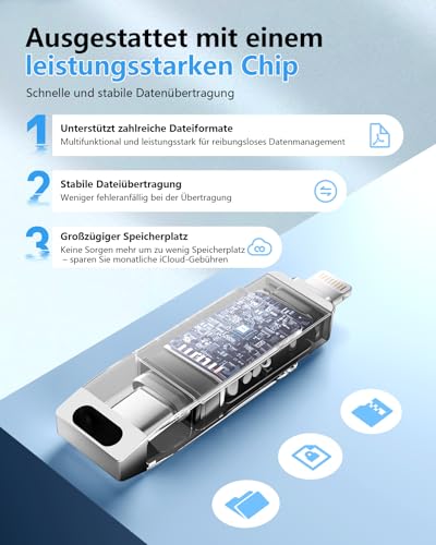 [Without App] USB Stick 512 GB for iPhone MFi Certified, Lncnnk 3 in 1 Flash Drive, Lightning USB 3.0 Memory Stick Photo Stick, USB C Stick for iPhone/iPad/OTG Android Mobile Phone/Mac/PC, Silver