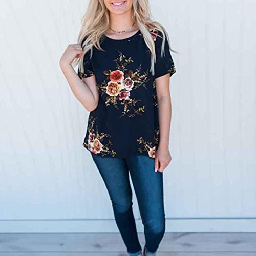 Dainzuy Ladies Sexy Casual Tops, Women's Floral Printing T-Shirt Short Sleeve Blouse (Navy, XXL)