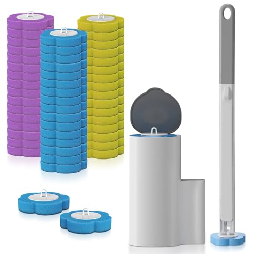 PUROVERO Juego de 48 Pcs Escobilla para Inodoro Desechable, Cepillo para Lavar Baño, 48 Cabezales de Repuesto con 3 Aromas y 1 Estante de Almacenamiento, Apto para Inodoro y Limpieza del Baño
