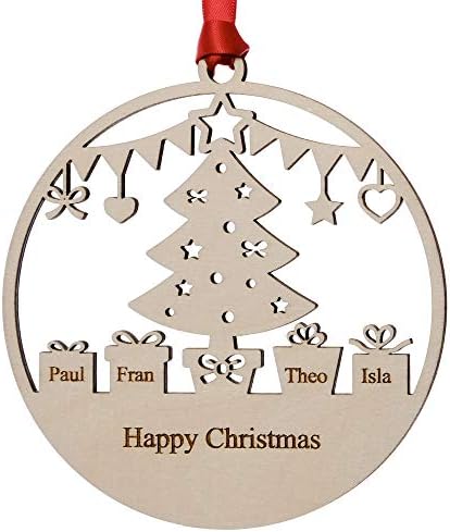 Alphabet barn Personalised Christmas Decoration 2 to 5 Names Engraved Xmas Tree Hanging Wood Ornament Made in UK Bauble comes with Gift Bag 12.5cm (4 names)