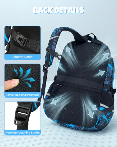 Amythe 3-Piece Luminous Backpack for Boys and Girls, Waterproof Durable School Bag, Children's School Bag with Lunch Bags and Large Capacity Pencil Case for Travel, Blue