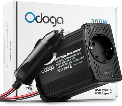 Odoga 300W Car Power Inverter 12V to 240V / 230V Converter With Dual USB 4.8A Charging Ports - Charge Your Laptop, iPad, iPhone, Tablet, Consoles & More - Durable and Powerful - Black Aluminum Body…