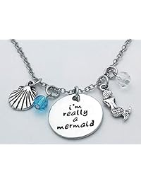 Art Attack Silvertone collar con pendiente "I'm Really A Mermaid" y cuentas de color azul océano y concha marina