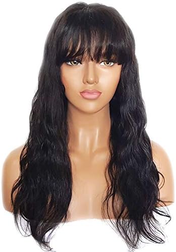 Wavy Lace Front Wigs with Bangs 130% Density Glueless Long Human Hair Wigs with Bangs Natural Black Brazilian Human Hair Wigs for Black Women, 16 Inches, Average