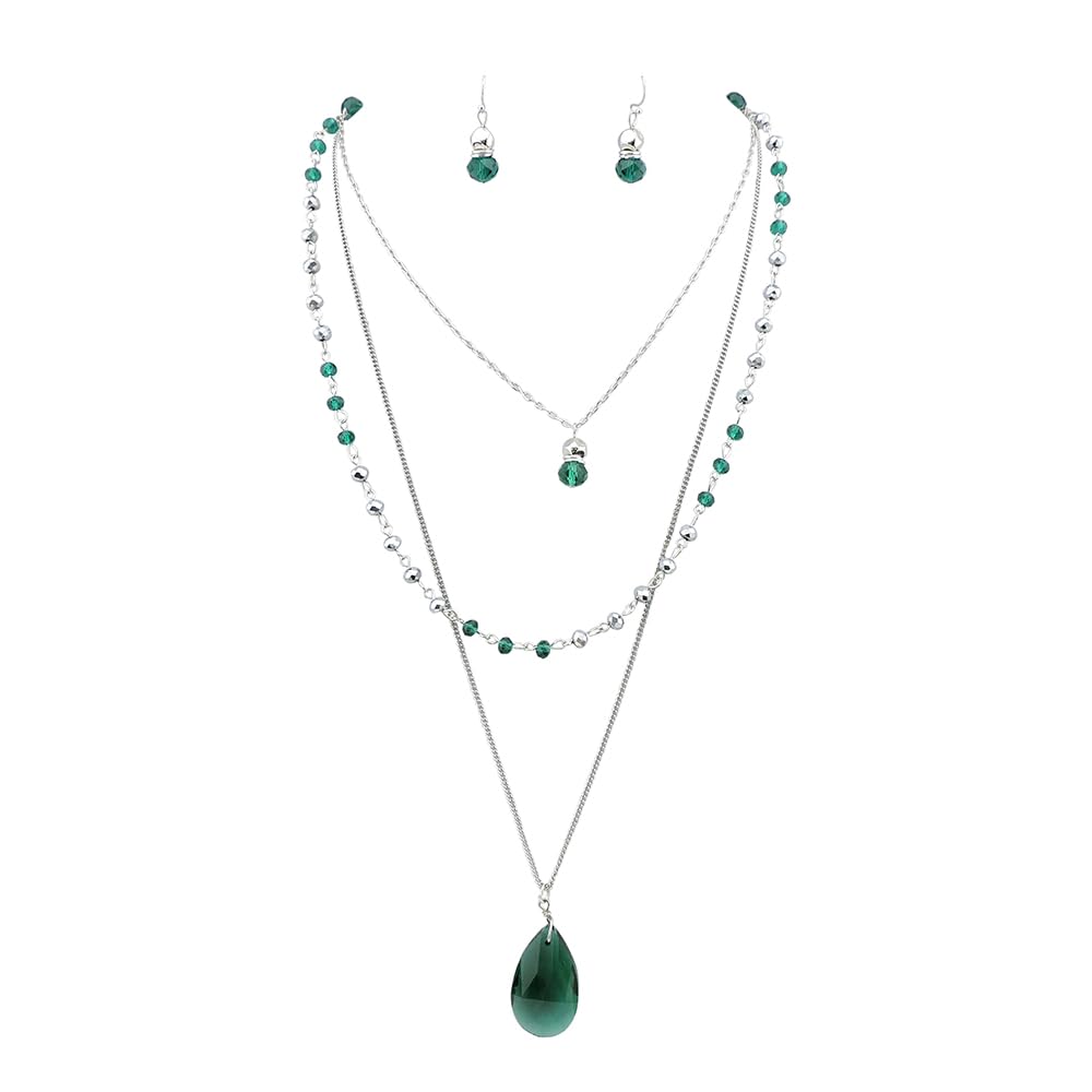 Bocar 3 Layer Jewelry Set Long Chain Pendant Bead Green Necklace Earring for Women (NK-10036-Dark Green)