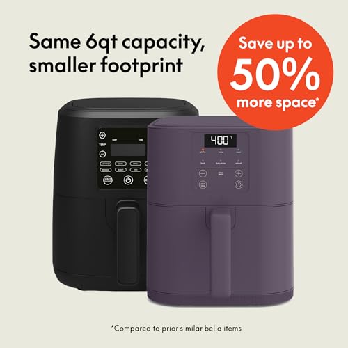 Bella Freidora de aire delgada de 6 cuartos, utensilios de cocina Fits-anywhere™, revestimiento antiadherente cerámico EverGood™, temperatura ajustable, 6 opciones de cocción preestablecidas, apagado automático de 60 minutos con tono audible, capacidad de 5 lb, ciruela
