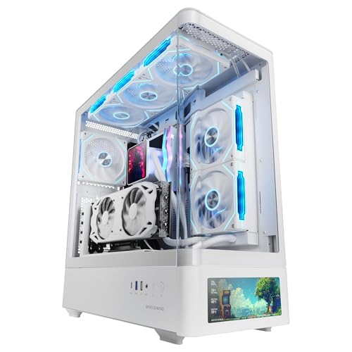 Mars Gaming MC-LCDPRO, Gaming ATX Case, Customizable IPS LCD Screen 7.2, Curved Tempered Glass Front and Side, Dual Chamber Structure, Liquid Cooling Support up to 360mm, White