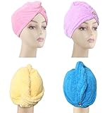 4 Pack Microfiber Hair Drying Towels, Fast Drying Hair Cap, Long Hair Wrap,Absorbent Twist Turban, Pink, Purple, Blue, Yellow