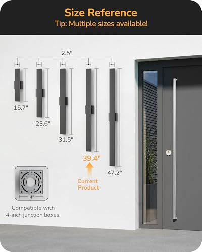 EDISHINE 2 Pack Modern Outdoor Wall Lights, 39.3" Dimmable Led Outdoor Wall Sconce, 3CCT, Iron & PC Material, 28W Waterproof Exterior Lighting Fixtures, for Front Door, Backyard, Stair, Black