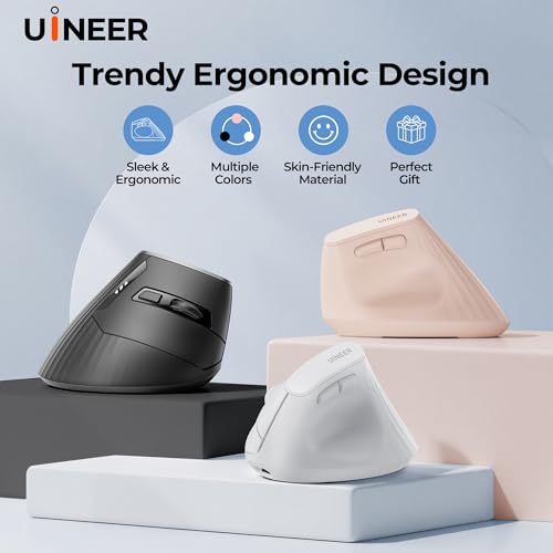 Uineer Wireless Ergonomic Mouse, Bluetooth Mice (BT4.0/5.0 and 2.4G) Rechargeable Vertical Mouse, 3 Multi-Device Connectivity for PC/Mac/Laptop/Computer, 4 DPI Quiet Clicks for Office, Home-Black
